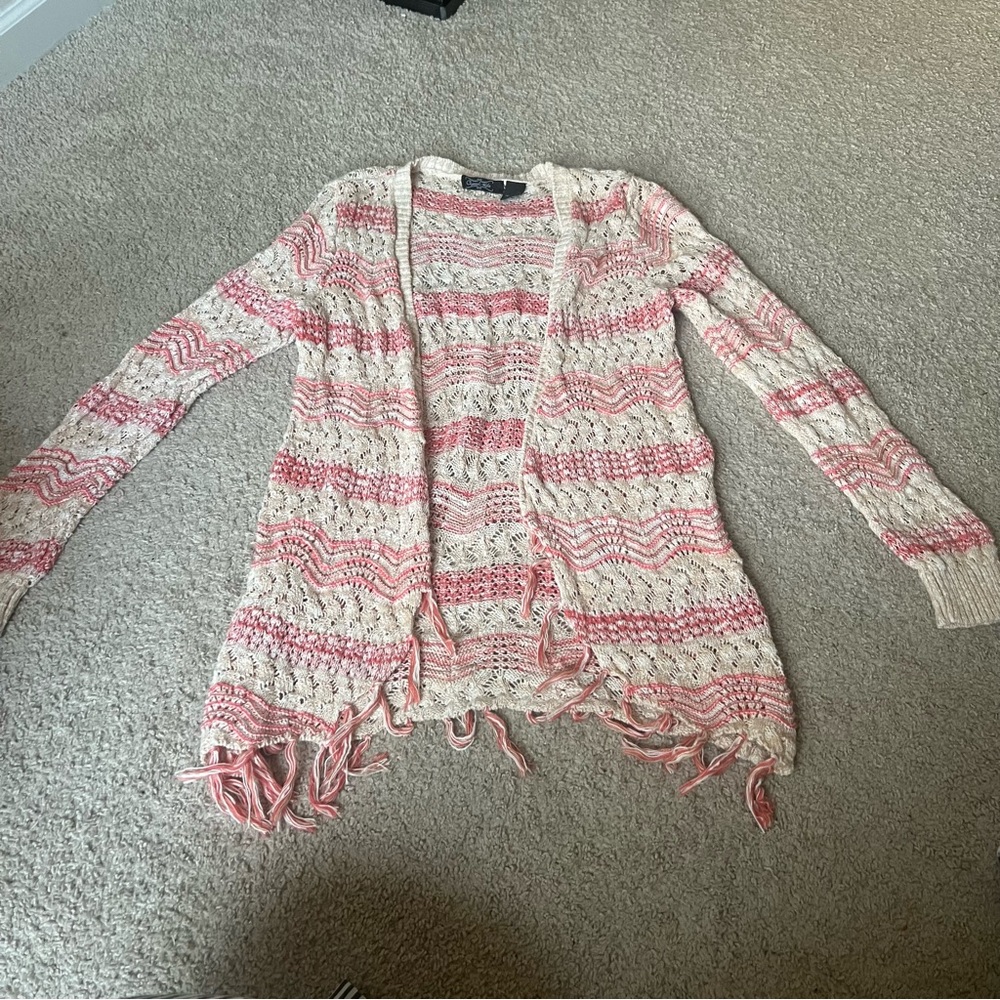 Crystal Kabe Open Knit Fringe Sweater Size L Pink Cream Romantic Coquette Cozy